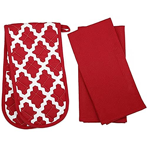 Penguin Home Hitzebeständige Ofenhandschuhe mit 2er-Set, Geschirrtuch-Ofenhandschuhe, Lange Manschetten, Backhandschuhe zum Kochen, (Diamantrot), Größe – (18 x 90 und 65 x 45 cm) von Penguin Home