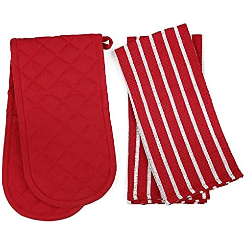 Penguin Home Hitzebeständige Ofenhandschuhe mit 2er-Set, Geschirrtuch-Ofenhandschuhe, Lange Manschetten, Backhandschuhe zum Kochen, (rot), Größe – (18 x 90 und 65 x 45 cm) von Penguin Home