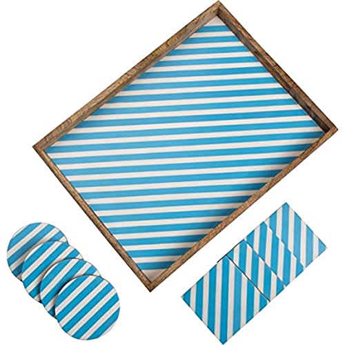 Penguin Home Aqua Blau und Weiß Striped Entwurf Serviertablett-Set für Tee/Kaffee und Lebensmittel mit 4 Quadratischen und 4 Passenden Runden Untersetzern von Penguin Home