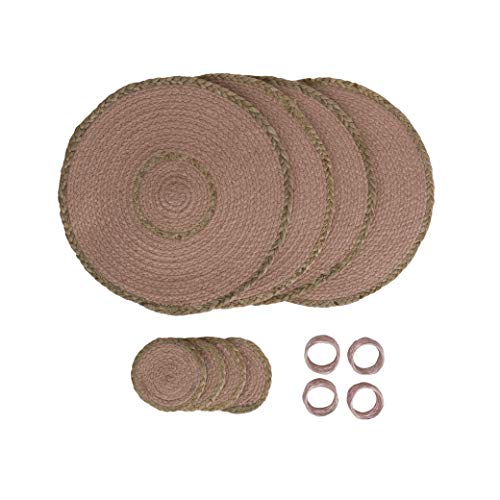Penguin Home Set mit 12 Jute-Platzsets, Untersetzern und Serviettenringen, rund, handgefertigt von erfahrenen indischen Kunsthandwerkern, Durchmesser 32 cm von Penguin Home