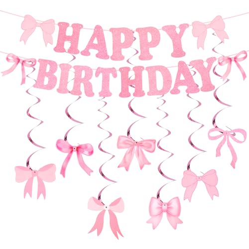 24stk Schleifen-Banner Happy Birthday, Schleifen-Hängewirbel Deckendekor Kokette Glitzer Happy Birthday-Banner Partydekorationen für Mädchen und Frauen (Rosa) von Penitue