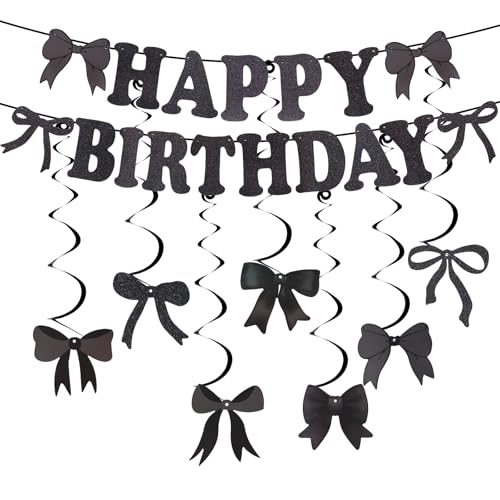 24stk Schleifen-Banner Happy Birthday, Schleifen-Hängewirbel Deckendekor Kokette Glitzer Happy Birthday-Banner Partydekorationen für Mädchen und Frauen (Schwarz) von Penitue