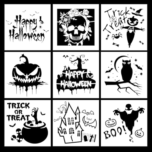 Penitue 9 Stück Halloween Schablonen, 15x15cm Wiederverwendbar Halloween-Thema Bastelvorlagen mit Mehreren Mustern für Fußmatte Holz Glas Kleidung Wand (Stil 1) von Penitue