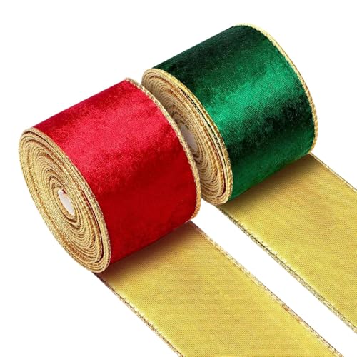 2 Rollen Weihnachtsband Rot Grün mit Draht, 6,3 cm x 4,5 m, Samtband mit Goldenem Rand für Weihnachtsbaum Schleifen, Kränze, Blumensträuße, Torten, Hochzeit Dekoration, Weihnachts Geschenkbänder 2 Rollen Weihnachtsband Rot Grün mit Draht, 6,3 cm x 4,5 m, Samtband mit Goldenem Rand für Weihnachtsbaum Schleifen, Kränze, Blumensträuße, Torten, Hochzeit Dekoration, Weihnachts Geschenkbänder von Penlimly