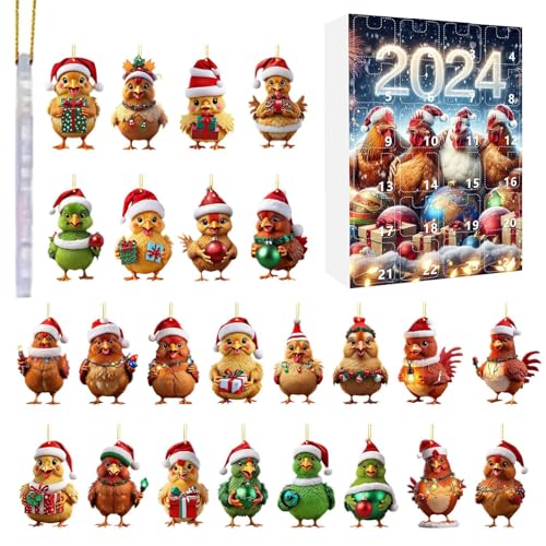 Penlimly Adventskalender Huhn Weihnachten,Hühner Hängeleiter 24 Tage Countdown Kalender - 2D Acrylic Flachanhänger Huhn Charm Für Christbaumschmuck Wanddekoration Auto-Innenspiegel Urlaubsdekoration von Penlimly