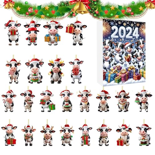 Penlimly Kalender Adventsschmuck | 24 Türchen Hängbare Kuh Deko Countdown Kalender | 2D Acryl Festtagsanhänger für Lehrer Gemeindemitglieder Familienbindung Klassenraum Jugendliche von Penlimly