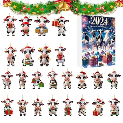 Penlimly Kalender Adventsschmuck - 24 Türchen Hängbare Kuh Deko Countdown Kalender | 2D Acryl Festtagsanhänger für Lehrer Gemeindemitglieder Familienbindung Klassenraum Jugendliche von Penlimly