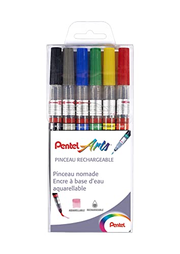 Pentel Arts Pack mit 6 nachfüllbaren Pinseln Color Brush XGFL: 1 x Schwarz, 1 x Grau, 1 x Grün, 1 x Blau, 1 x Rot, 1 x Gelb GFL/6BASIC von Pentel