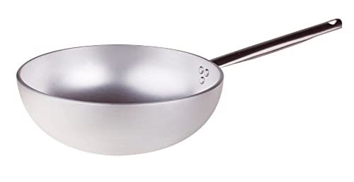 Pentole Agnelli Wok für Induktionsherd mit gewelltem Boden, aus Aluminium, mit Griff aus Edelstahl, Silber 32 cm Silber/schwarz von Baldassare Agnelli