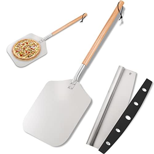 Peohud Pizzastein Aluminium mit Schneider, Pizzaschaufel mit abnehmbarem Holzgriff, Pizzastein für Backofen,Pizzastein Gasgrill,Extra Großer Pizzaschneider, Klappbarer Holzgriff von Peohud