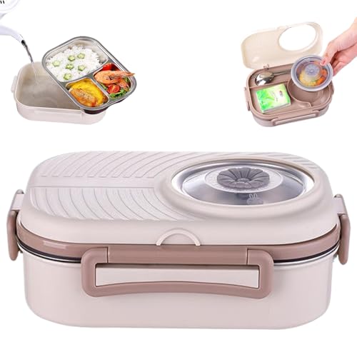 Edelstahl -Lunchbox für Kinder und Erwachsene, leckere Wärmekiste, stapelbare, beheizte Lunchbox mit 3 Fächer -Tablett und Suppenschale, Essstäbchen und Löffel, beheizte Lunchbox für Kinder von Peosaard