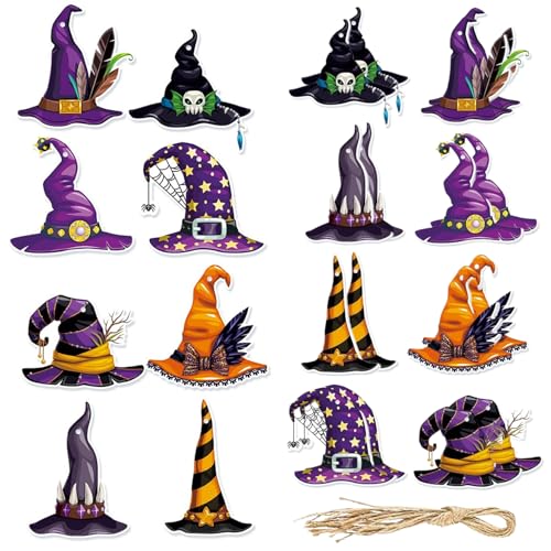 Hängende Hexenhüte Halloween Dekor, Halloween -Ornamente, 32pcs 6 Stile süße Hängende Hexenhüte Dekor, Mini -Baum -Dekorationen mit Seilen für DIY -Party von Peosaard