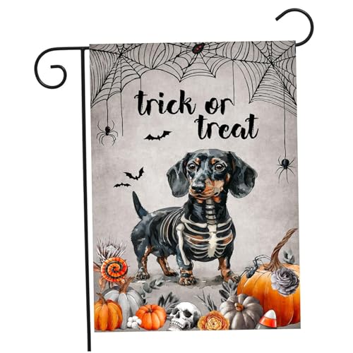 Halloween Yard Flag, Halloween-Gartenflagge, lustiges Skelett Dachshund Ghost Hundegarten, 18x12 doppelseitiger Garten, wetterresistente Leinenflaggen für Rasen Veranda von Peosaard