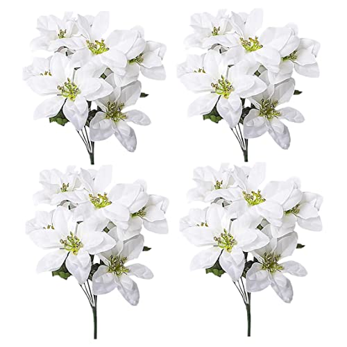 Peosaard Faux Poinsettia Bush, künstliche Weihnachtsstöcke Büsche 4 Pack 7 Köpfe Seiden Weihnachtsblumen Bouquet künstliche Weihnachtsstern Blumen für Weihnachten Weiß, Büsche von Peosaard