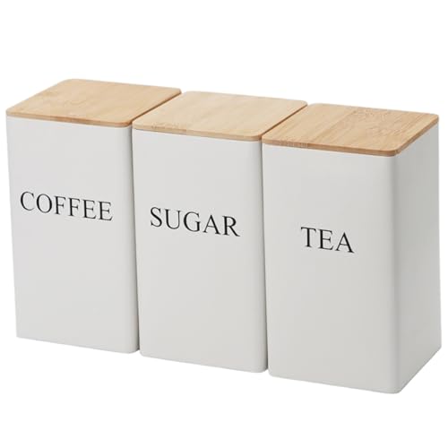 Peosaard Küchenkanister Set, Kaffee -Tee -Zuckerbehälter Set aus 3 Eisen Tee Kaffee Zucker Kanister Set mit luftdichtem Bambusdeck von Peosaard