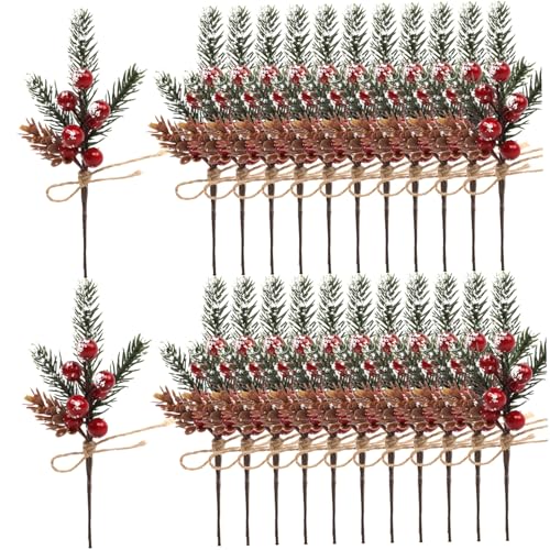 Peosaard Künstliche Kiefernzweige 24PCS Weihnachtsdreizackkiefernzweige mit roten Beeren & Tinecone 3.5x7 Weihnachtsgrüne mit Band zum Wickeln, Kranzherstellung, rote Beerenstiele von Peosaard