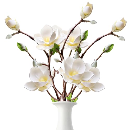 Peosaard Künstliche Magnolienblumen, 3pcs biegbare Kunst Magnolienstämme, weiße realistische Magnolienzweige für hohe Vase, Zuhause, Büro, Hochzeitsfeier, Tisch von Peosaard