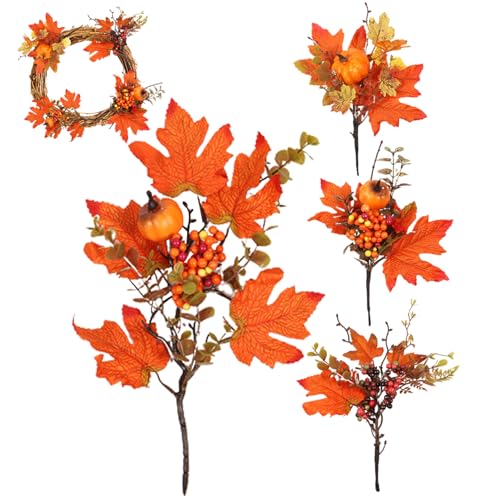 Peosaard Kürbishöhe, 4pcs Faux Blumenpicks und Sprays mit Kürbissen Maple Blätter Kiefernkegel Beeren Fall Stiele für Herzstückkranzdekor, Thanksgiving -Dekorationen von Peosaard
