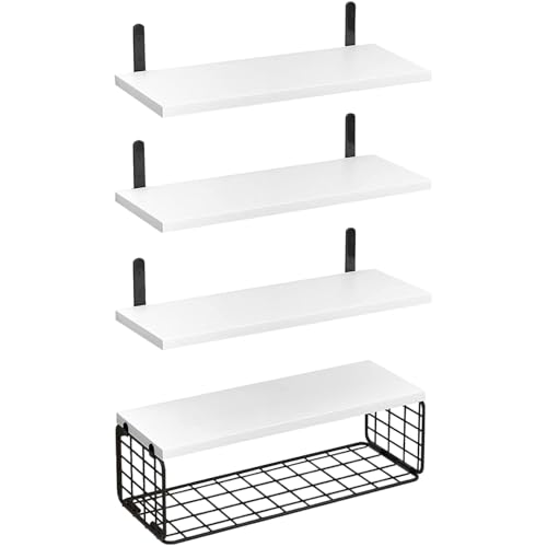 Peosaard Schwimmende Regale, 4 -schichtige Holzwandregale mit Metallkorb, dekorativer Aufbewahrung für Badezimmer, Küche, Wohnzimmer und Schlafzimmer von Peosaard