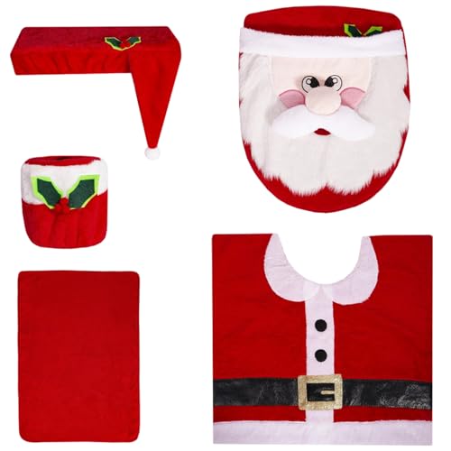 Peosaard Weihnachtsbaddekor, 5pcs/Set Santa Theme Toilettenabdeckung Tank Deckel Teppiche Papierbox Handtuch von Peosaard