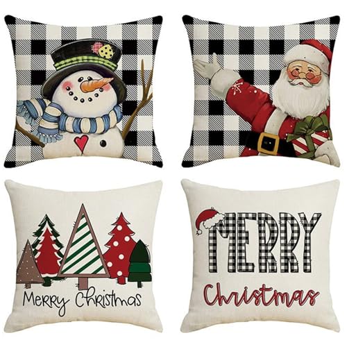 Peosaard Weihnachtskissen Cover, 4PCS Schwarzweißplaid Santa Santman Tree Design für Sofa Couch/ 18x18 von Peosaard