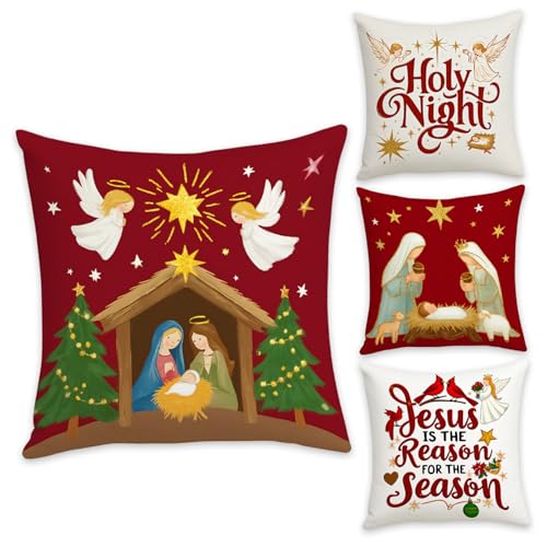 Peosaard Weihnachtskissen Cover, 4pcs doppelseitige Krippe Christian Cotton Leinenhülle für Holiday Couch Decor von Peosaard