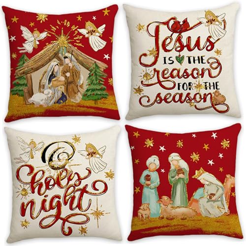 Peosaard Weihnachtskissen Cover, 4pcs o Heilige Nacht Jesus Design weich für Sofa Couch (kein Einsatz)/18x18 von Peosaard