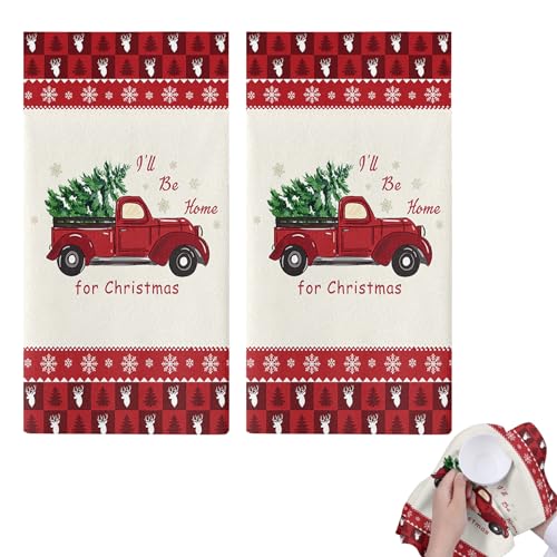 Peosaard Weihnachtstetücher, Weihnachtsküchentücher 2 PCS Red Truck 29.5x17.7in Mikrofasergericht Absorptes Unflecken lebendiger Druckmaschine Waschbar dekorativ von Peosaard