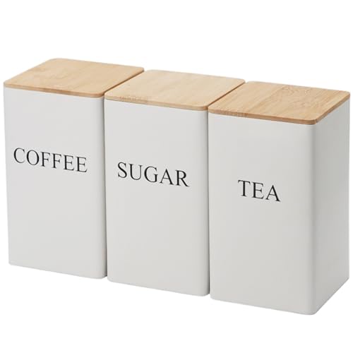 Peosaard Zuckerbehälter, Kaffeee Tee Zucker Behälter Set aus 3 Eisen Tee Kaffee Zucker Kanister Set mit luftdichten Bambusdeck von Peosaard