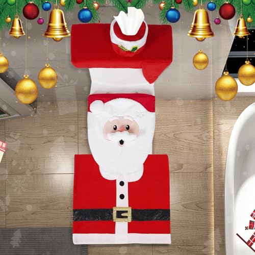 Weihnachtsbadezimmer, 4PCS Weihnachtsbadessätze süßes Gnom-Dekor einfach sauberes Set mit Schlittenteppich Toilettendeckel Tissue Box Cover und Tankstil 2 von Peosaard