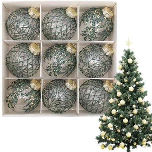 Weihnachtsbaum -Ornamente, Weihnachtsbällchen 9pcs 3.15in Gemustert hellgrüne Kugeln hängen Haustierkugel Ornamente für Baum, Kranz, Girlande, Dekorationen von Peosaard