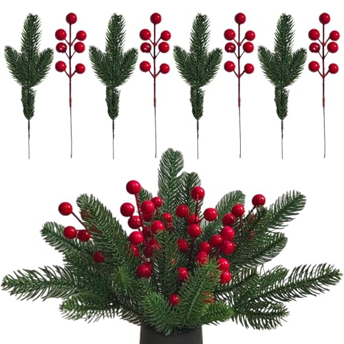 Weihnachtsgrüne, 30pcs/Set künstliche Kiefernzweige & rote Beerenstämme realistische Weihnachtblüten verstellbares Plastikgrün für DIY Weihnachtskranz, Kiefernzweige von Peosaard