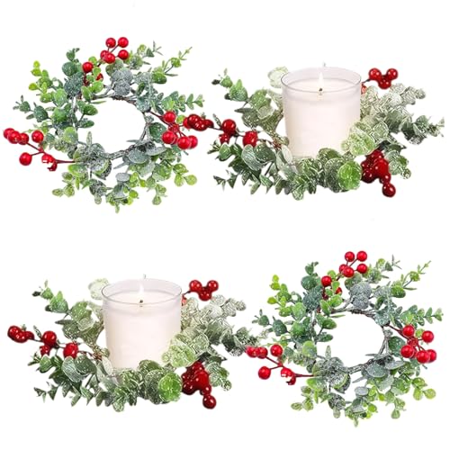 Weihnachtskranz, 4pcs Kerzenringe Kränze mit roter Beere 7.87 LIFELISCHE Weihnachtskerzenringe künstlich für Haustürfensterkranzhalter von Peosaard