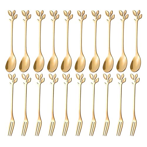 Peowuieu Dessert LöFfel Set, 20 StüCk 4,7 Zoll Kuchen, Kaffee LöFfel, Kreative Gold Blatt Frucht, (10 LöFfel + 10) von Peowuieu