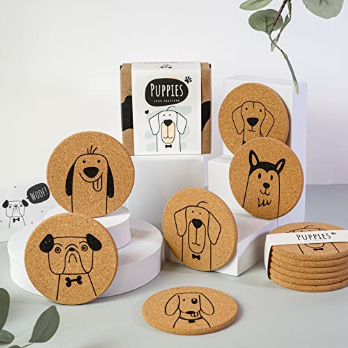 Puppies Hund Korkuntersetzer - Mit Box, Geschenk für Hundeliebhaber, rund, 6-teiliges Set, umweltfreundliches Untersetzerset mit niedlichen Hunden, Geburtstagsgeschenkidee für Hundebesitzer … von PepMelon