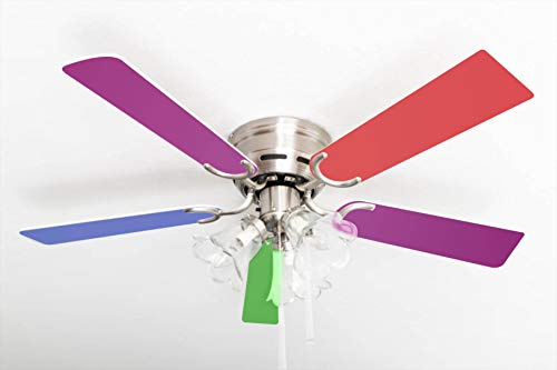 Pepeo - Kisa Deckenventilator mit Beleuchtung | Ventilator mit Zugschalter in Silber mit Multicolor Wendeflügeln, Durchmesser 105 cm. (Farbe: Nickel gebürstet, Multicolor/Pastell) von Pepeo