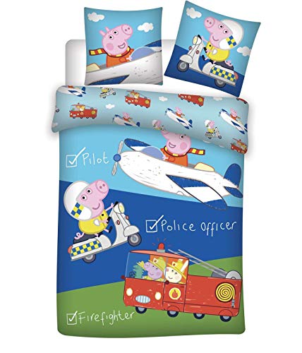 BrandMac Bettwäsche Peppa Wutz, 100% Baumwolle, Bettbezug 100 x 135 cm + Kissenbezug 40 x 60 cm, George Pilot, Polizist oder Feuerwehrmann von Peppa Pig