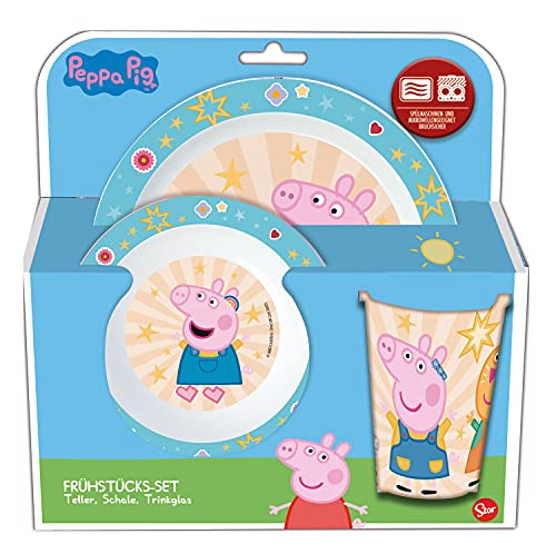 p:os p:os Peppa Wutz Frühstücksset, 3-teiliges Geschirrset mit Teller, Schüssel und Trinkbecher, Kindergeschirr aus Kunststoff, spülmaschinen-/mikrowellengeeignet von p:os