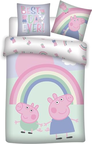 Peppa Pig Bettwäsche Rainbow für kleines Bett, 100 % Baumwolle, Bettbezug 100 x 135 cm + Kissenbezug 40 x 60 cm von Peppa Pig