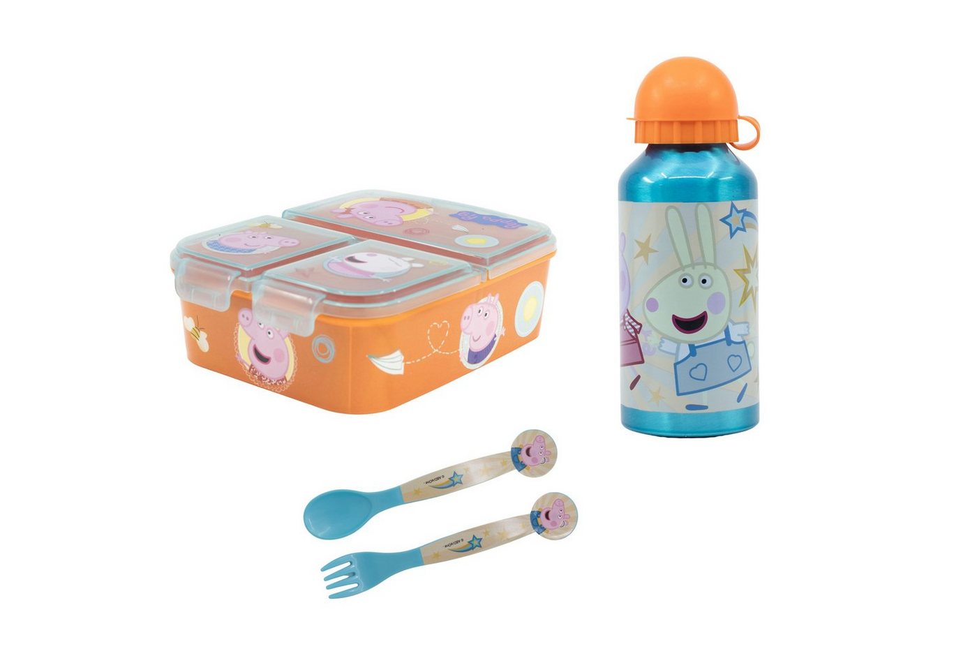 Peppa Pig Lunchbox Peppa Wutz Pig 4 teiliges Kinder Frühstücks-Set, Kunststoff Aluminium, (4-tlg), 3 Kammern Brotdose Alu-Trinkflasche Besteck von Peppa Pig