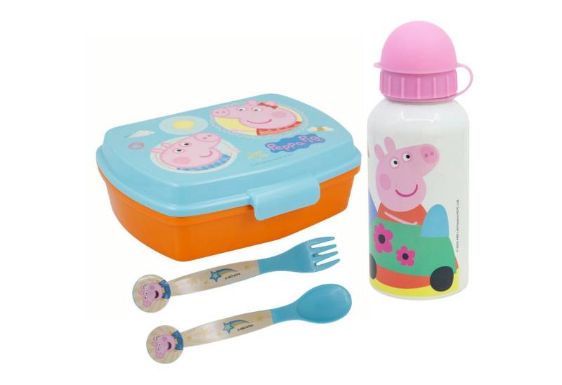 Peppa Pig Lunchbox Peppa Wutz Pig 4 tlg Kinder Set Brotdose Alu-Trinkflasche Besteck, (4-tlg., Spar-Set) von Peppa Pig