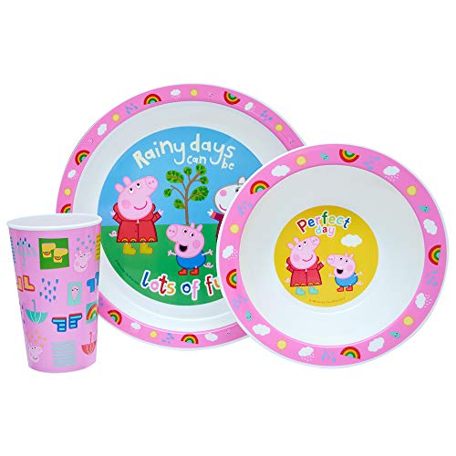 Peppa Pig Perfect Day 3-teiliges PP-Geschirr-Set für Kinder, Peppa George, Muddy Pfützen, Teller, Schüssel, Becher, Geschirr, wiederverwendbarer Kunststoff, Pink von Peppa Pig