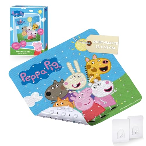 Kinder-Duschmatte mit Peppa Pig Motiv I 53x53cm I Antirutschmatte für Dusche I Anti-Schimmel Duschwanneneinlage I Antibakterielle Badematte mit Saugnäpfen I Hochwertige Rutschmatte von Peppa Pig