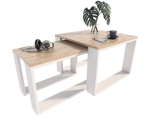 Loft Kaffeetische Set 2-teilig – Couchtisch Wohnzimmertisch modern in Weiß/Arthisan – Platzsparende Beistelltische aus Laminatplatte – Kratzfeste Wohnzimmertische im skandinavischen Design von Per la vita