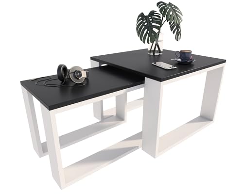Per la vita Loft Kaffeetische Set 2-teilig – Couchtisch Wohnzimmertisch modern in Weiß/Schwarz – Platzsparende Beistelltische aus Laminatplatte – Kratzfeste Wohnzimmertische im skandinavischen Design von Per la vita