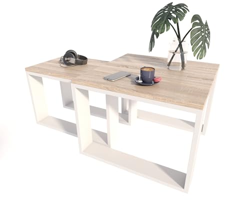 Per la vita Loft Kaffeetische Set 2-teilig – Couchtisch Wohnzimmertisch modern in Weiß/Sonoma – Platzsparende Beistelltische aus Laminatplatte – Kratzfeste Wohnzimmertische im skandinavischen Design von Per la vita
