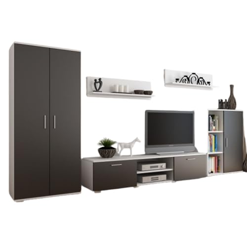 Per la vita Schrankwand Weiß/Schwarz California– Modernes Regalwohnzimmer Set in Weiß-Schwarz - Möbel Modern mit integriertem Kleiderschrank, TV Schrank & Zwei Wandregalen von Per la vita