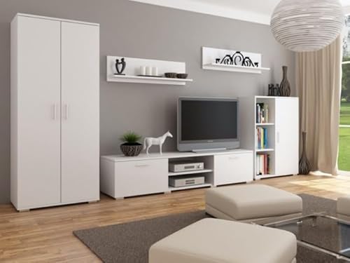 Per la vita Schrankwand Weiß California– Modernes Regalwohnzimmer Set in Weiß - Möbel Modern mit integriertem Kleiderschrank, TV Schrank & Zwei Wandregalen von Per la vita