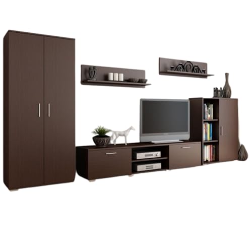 Per la vita Schrankwand Wenge California– Modernes Regalwohnzimmer Set in Wenge - Möbel Modern mit integriertem Kleiderschrank, TV Schrank & Zwei Wandregalen von Per la vita