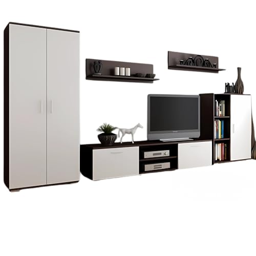 Per la vita Schrankwand Wenge-Weiß California– Modernes Regalwohnzimmer Set in Wenge/Weiß - Möbel Modern mit integriertem Kleiderschrank, TV Schrank & Zwei Wandregalen von Per la vita